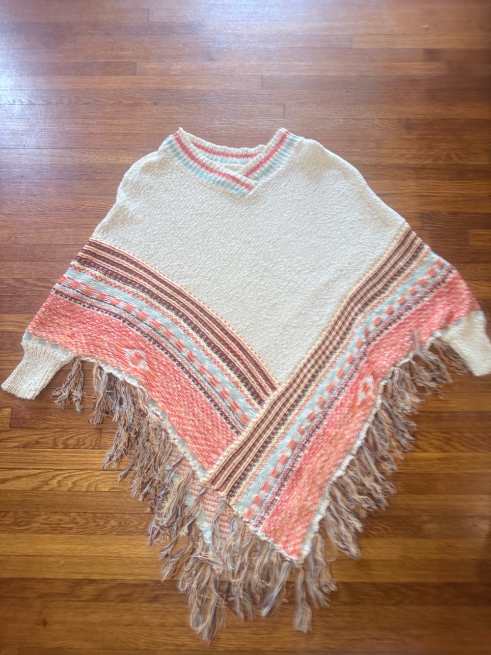 Boho Fringe Pullover Sweater Poncho in Cream & Coral